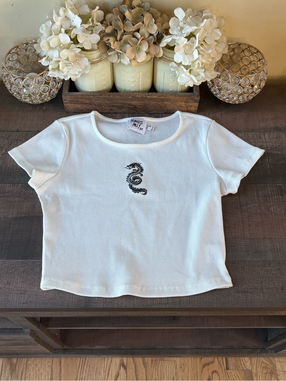 Princess Polly White Ribbed Crop Top with Black Dragon Embroidery